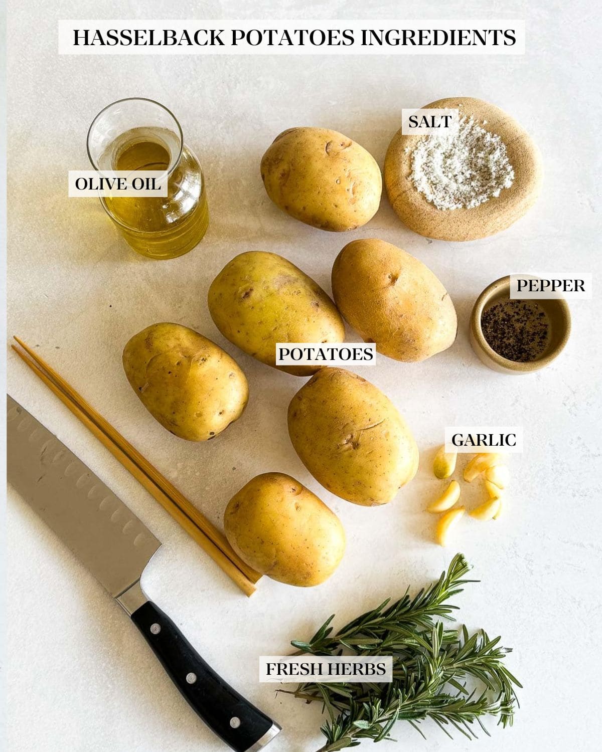Ingredients in hasselback potatoes: yukon gold potatoes, olive oil, garlic, rosemary, salt and pepper.