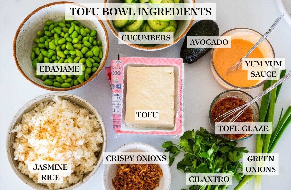 ingredients for sticky glazed tofu bowl - bowl of sushi rice, edamame, sliced cucumbers, avocado, yum yum sauce, sticky glaze, green onions, cilantro, crispy onions.