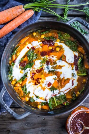 A simple, healthy Tunisian Chickpea Stew with carrots and their tops, kale and a "quick harissa" sauce-  hearty and delicious, perfect for cozy nights. Gluten-free and vegan-adaptable. Video!