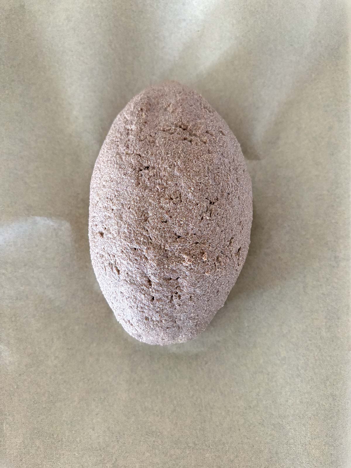 gluten free bread dough shaped into a loaf on parchment.