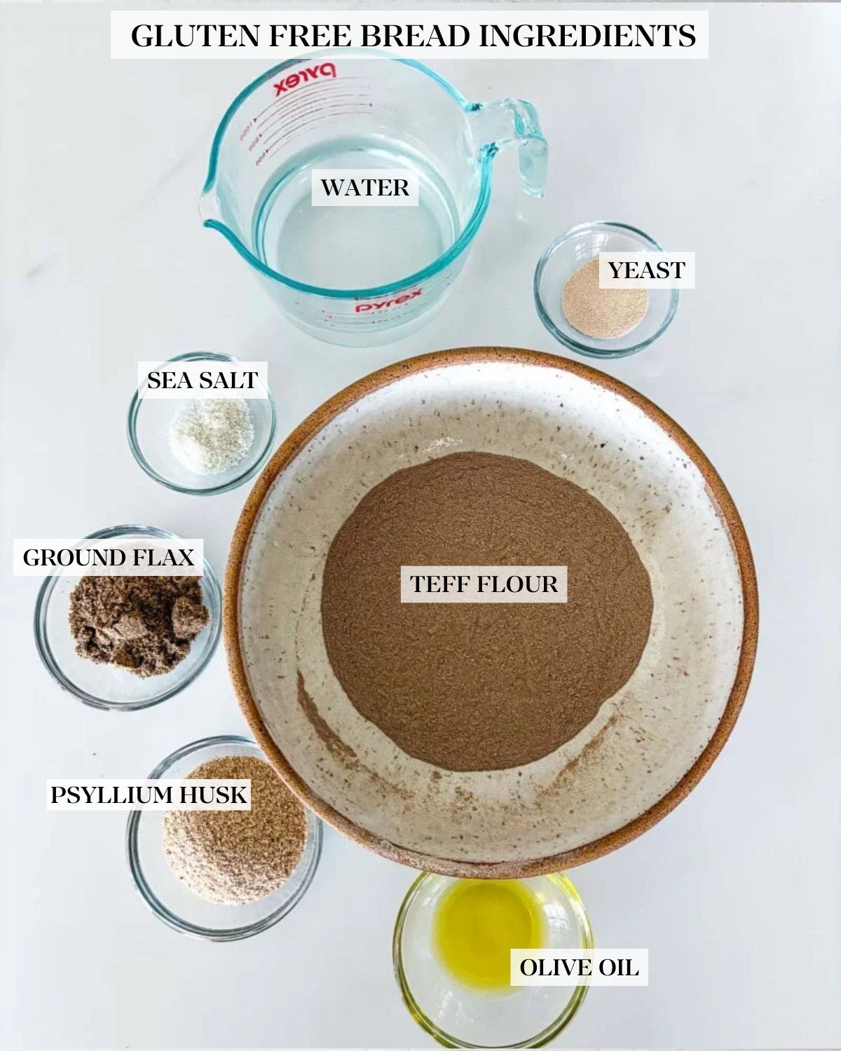 ingredients for gluten free bread - water, yeast, sea salt, ground flax, psyllium husk, teff flour, olive oil.
