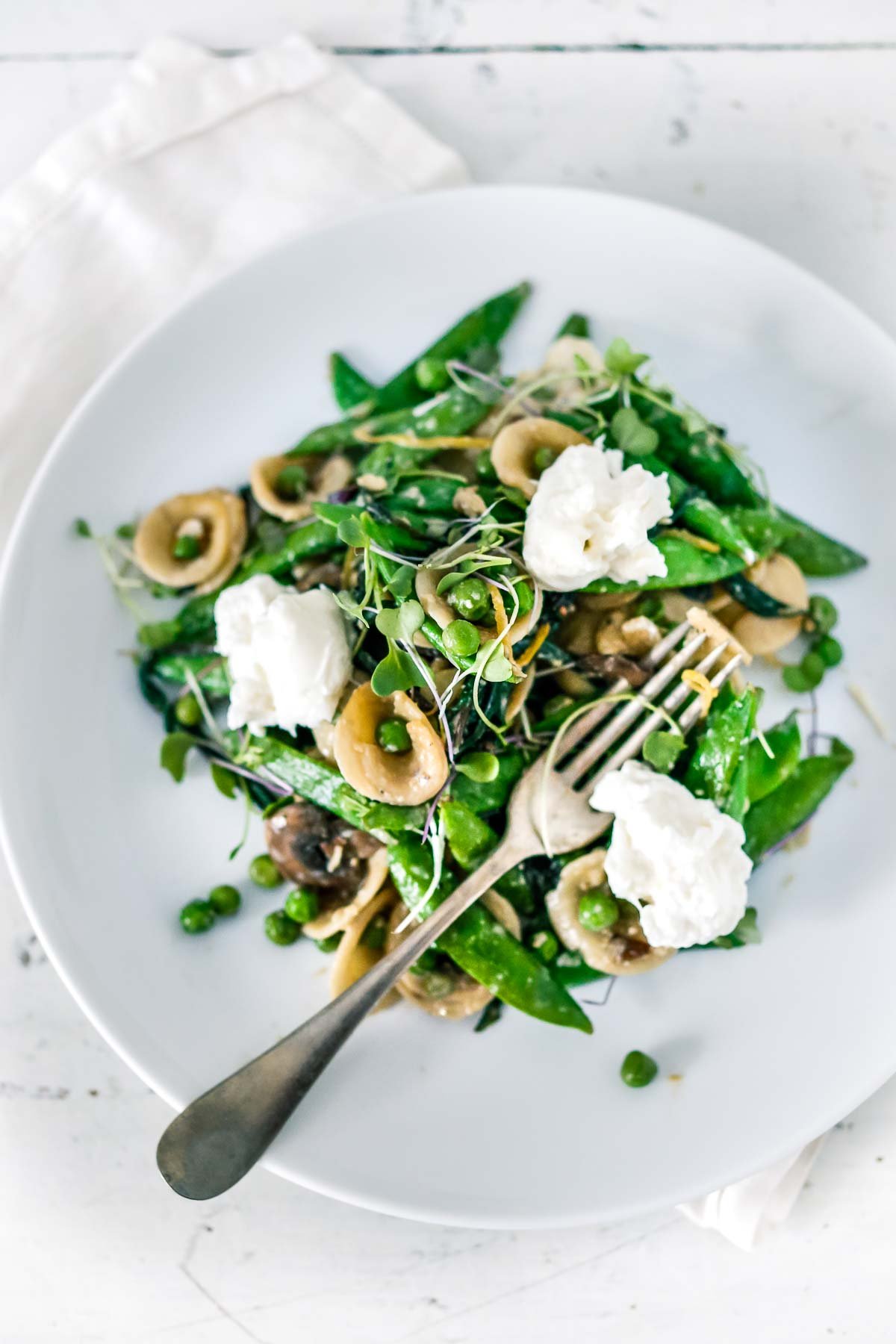 Spring Orecchiette Pasta with asparagus, mushrooms, peas and fresh herbs in a light carbonara sauce with dollops of creamy Burrata cheese.