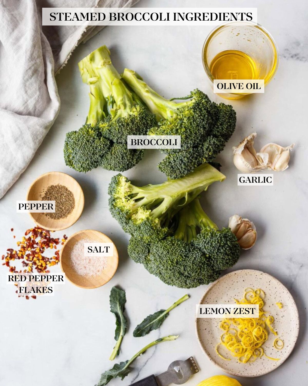 Steamed broccoli ingredients on the counter.