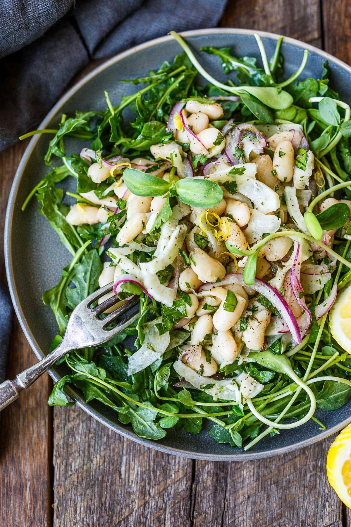 white bean salad with thinly sliced fennel and red onion mixed with herbs on plate of arugula with fork. 