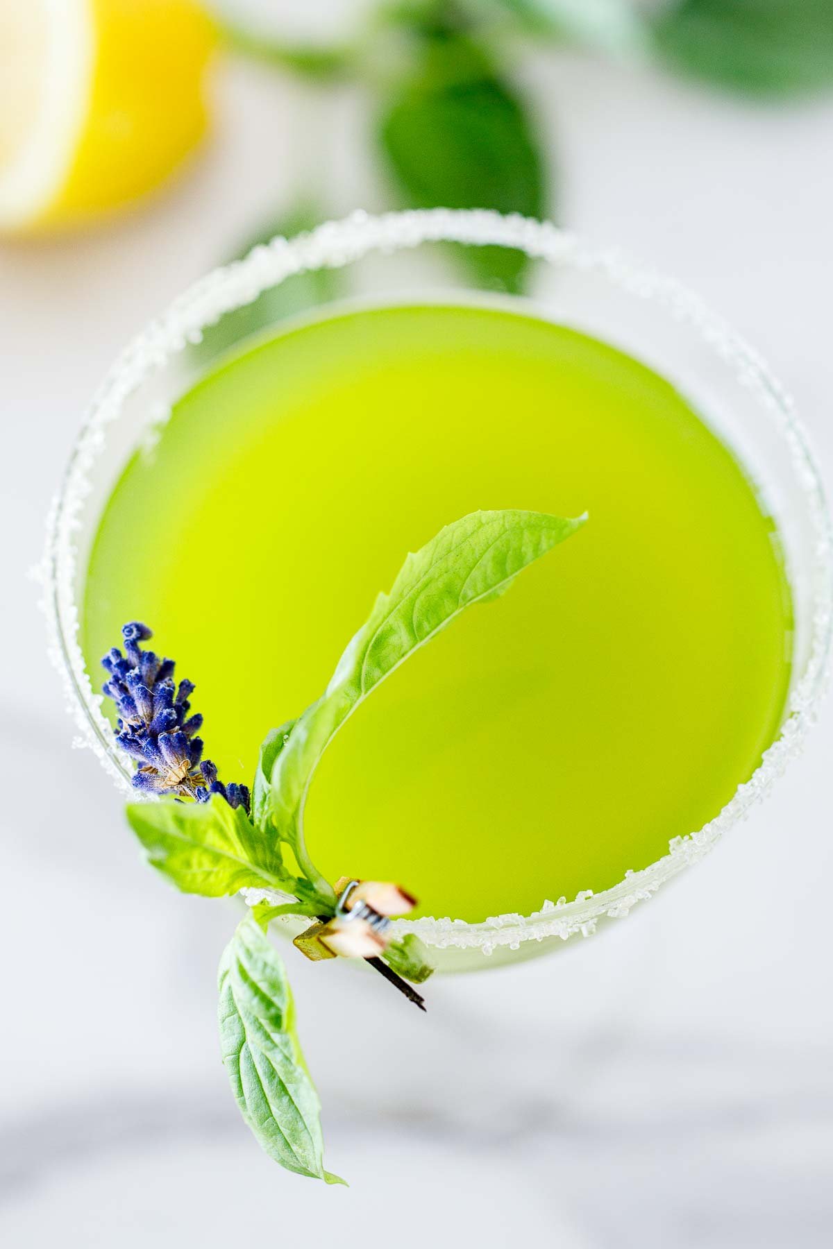 basil variation of the bee's knees in a sugar-rimmed coupe glass garnished with basil and lavender attached with a clothespin.